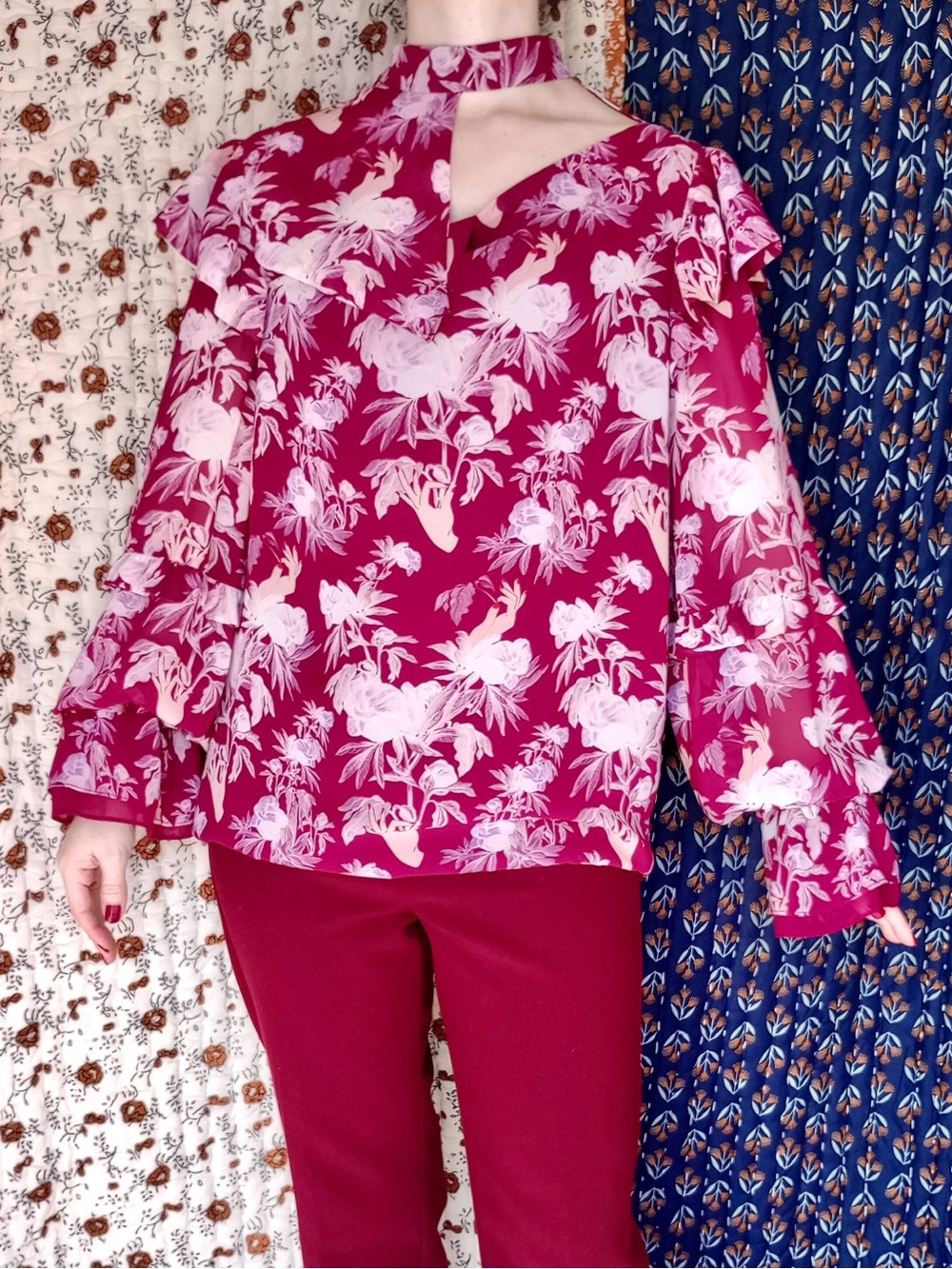 Three Floor β Florry Georgette Asymmetrical Ruffle Choker Blouse Floral 2 - Picture 10 of 17